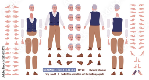 Senior man in classic vest, retro vintage glasses man, elder DIY character creation set. Old grandfather body figure parts. Head, leg, hand gestures, emotions, construction kit. Vector illustration