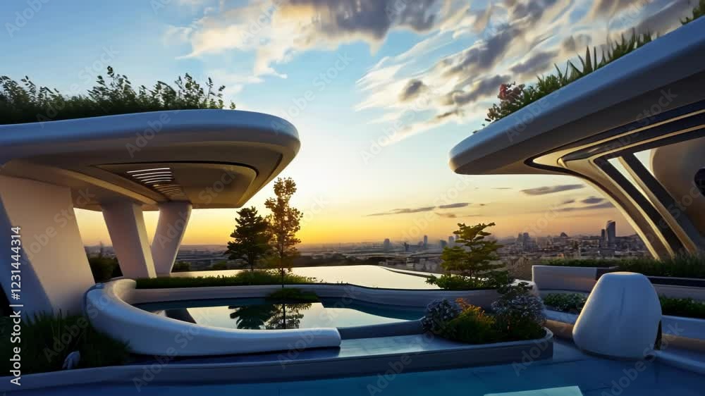 Futuristic outdoor space with sleek designs and greenery, ideal for relaxation and gatherings. Futuristic outdoor space with sleek designs and greenery, ideal for relaxation and gatherings.