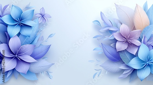 Pastel blue and purple paper flowers and leaves on light blue background.