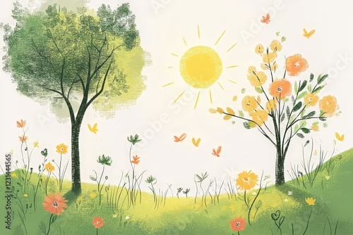 Bright Sunny Day With Colorful Flowers And Lush Green Trees
