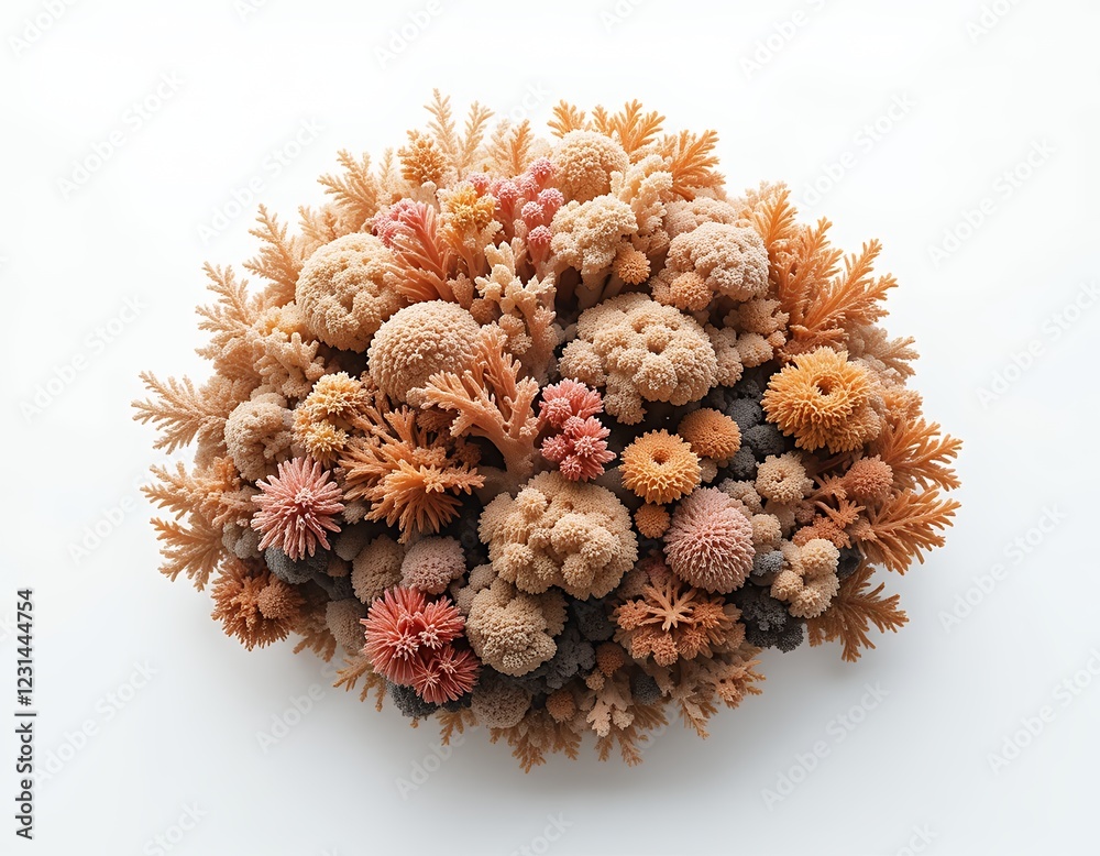 Fototapeta premium A detailed view of various coral formations in shades of peach, pink and brown on white background