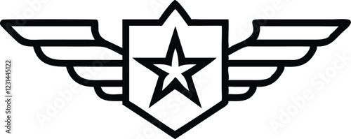 Military emblem, winged shield, star insignia, geometric design, black and white, minimalist logo, aviation symbol, patriotic icon, sharp angular shapes, stylized wings, monochrome illustration, bold 