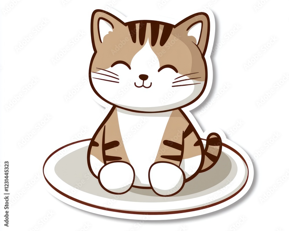 Fototapeta premium Happy tabby cat sitting on mat, white background, cute pet illustration, kids book