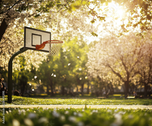 Bright spring afternoon with a basketball hoop surrounded by blooming trees in a vibrant park setting photo