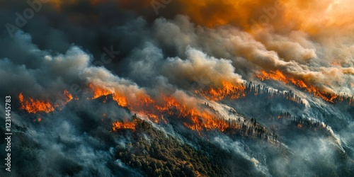 Massive forest fires raged on the hillsides, thick smoke and flames rising into the sky. photo