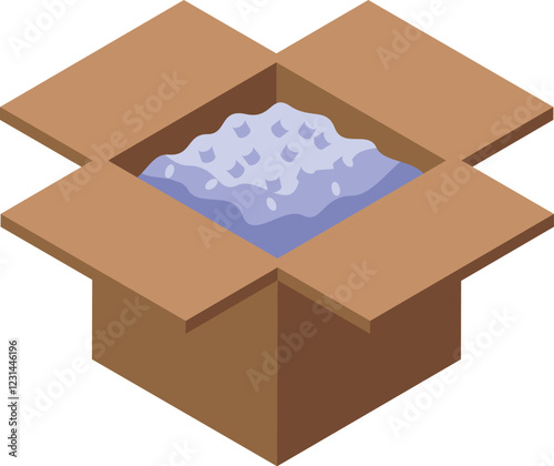 Isometric view of an open cardboard box filled with packing peanuts, ensuring safe transportation of delicate items