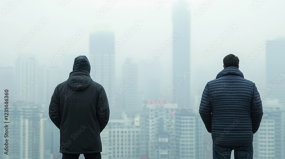 Fototapeta premium Two people contemplating the cityscape from a high vantage point 