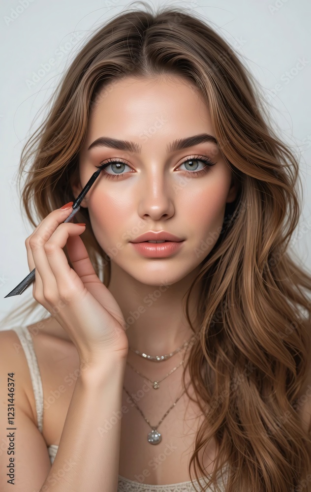 a beautiful perfect white woman using a Eyeliner on the white backgrodund a beautiful perfect white woman using a Eyeliner on the white backgrodund