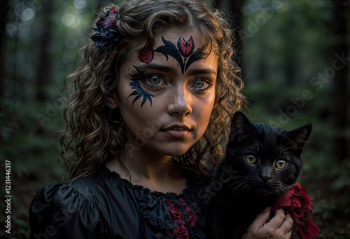 Portrait of a Little Girl with Face Paint Holding a Black Cat with Realistic Glowing Eyes in a Mystical Dark Forest, Photorealistic Fantasy Portrait with Spooky Gothic Halloween Vibes, generative AI