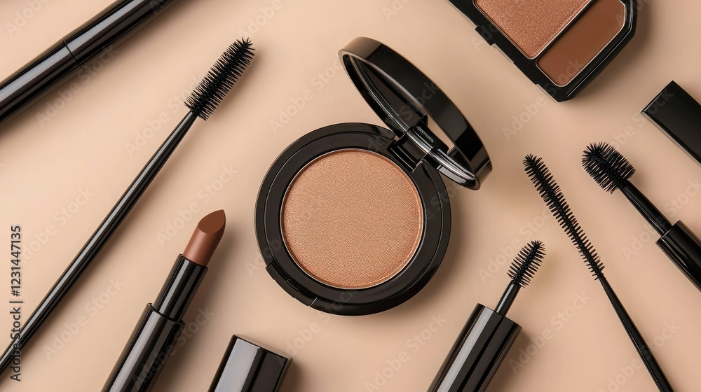 Flat lay of s-inspired beauty products, including compact powder, brown lipstick, and thin eyebrow stencils on a soft beige background. Flat lay of s-inspired beauty products, including compact powder, brown lipstick, and thin eyebrow stencils on a soft beige background.
