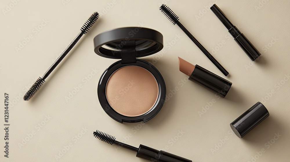 Flat lay of s-inspired beauty products, including compact powder, brown lipstick, and thin eyebrow stencils on a soft beige background. Flat lay of s-inspired beauty products, including compact powder, brown lipstick, and thin eyebrow stencils on a soft beige background.