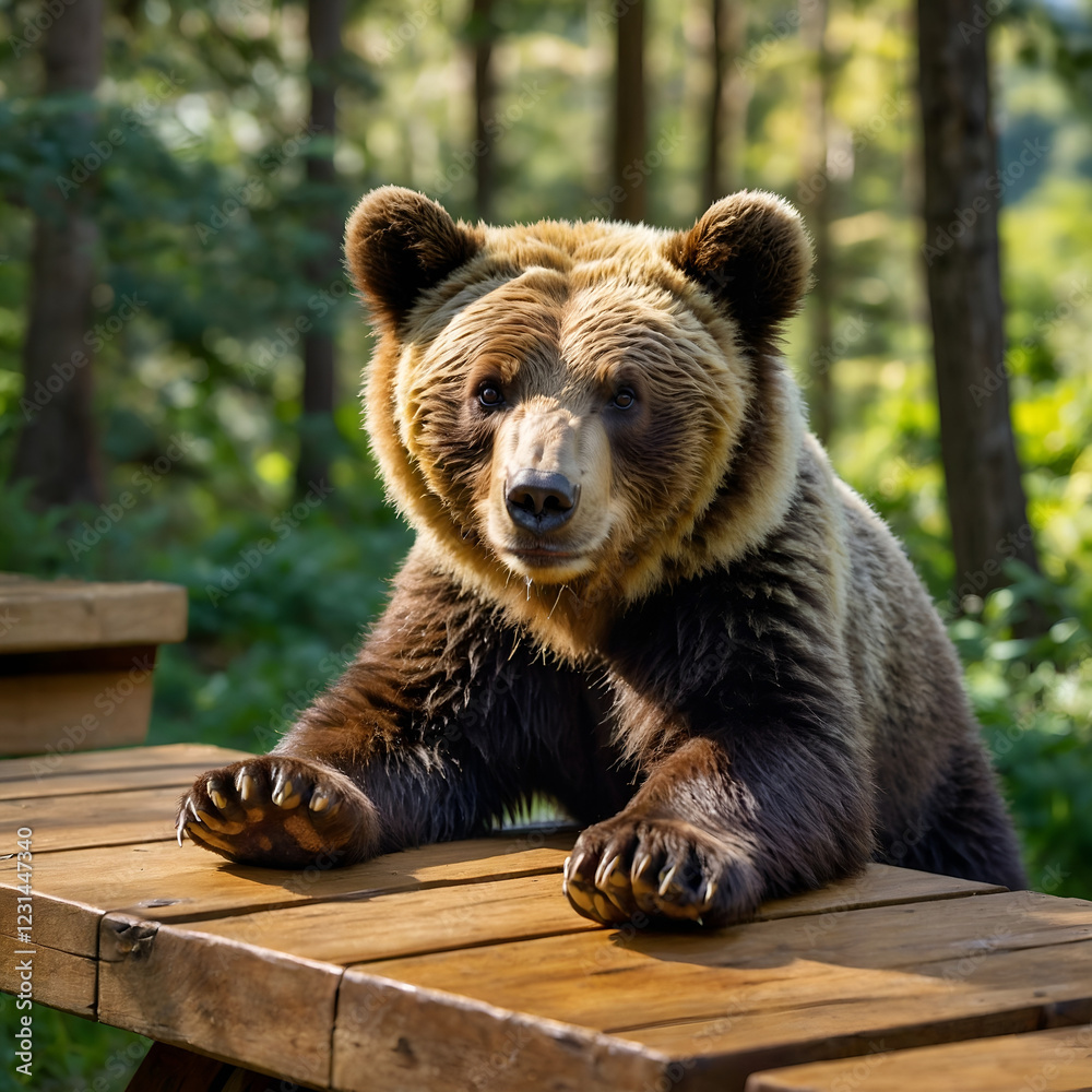 Obraz premium Curious brown bear resting on a wooden table in a lush green forest