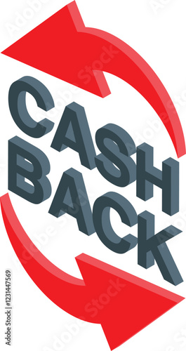 Cash back refunding money with red revolving arrows making a circle in an isometric icon