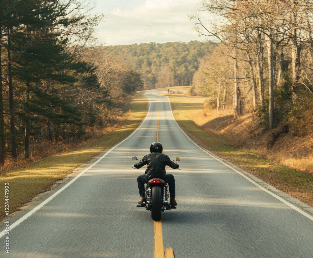 Motorcycle rider enjoying a peaceful journey along a winding road surrounded by autumn trees in the countryside Motorcycle rider enjoying a peaceful journey along a winding road surrounded by autumn trees in the countryside