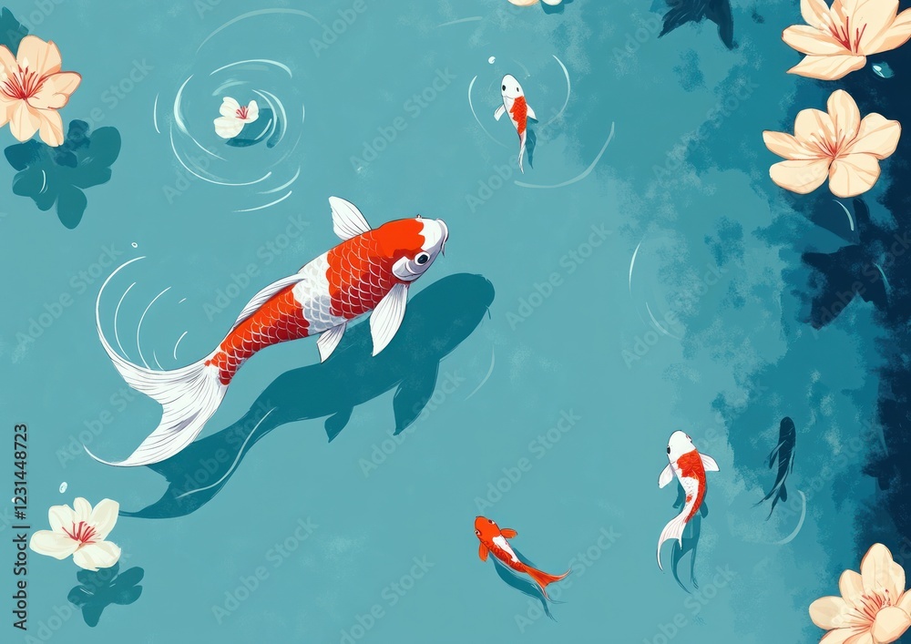 Fototapeta premium Koi Fish Swimming in Serene Pond Illustration