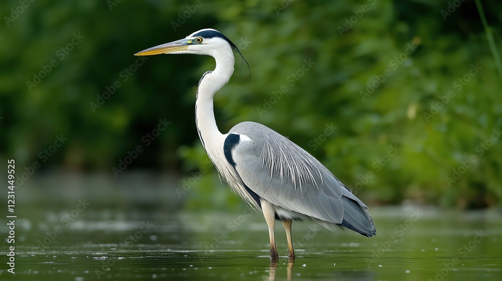 Naklejka premium Grey Heron In Lush Green Wetland Habitat