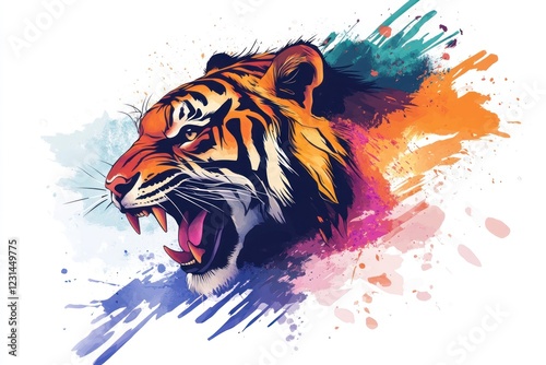 Vivid illustration of roaring tiger amidst colorful splashes
