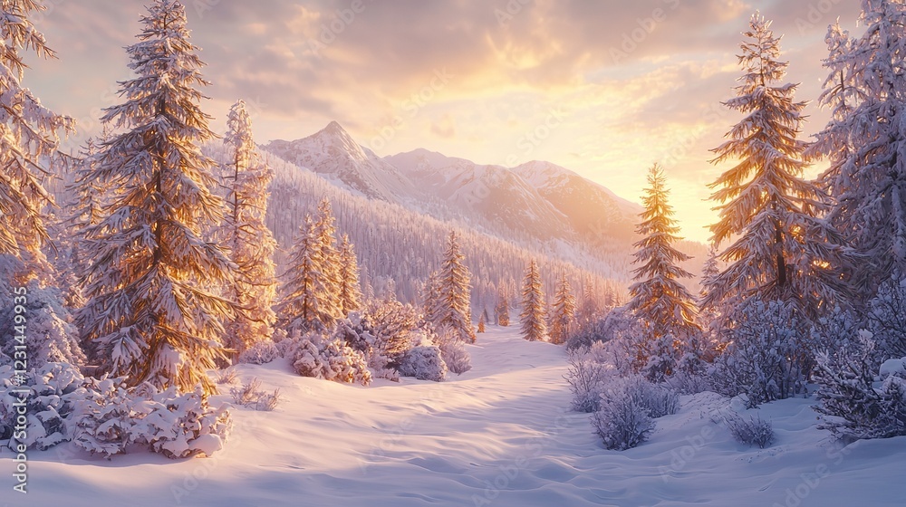 Fantastic Winter Landscape with Snowy Trees and a Calm River