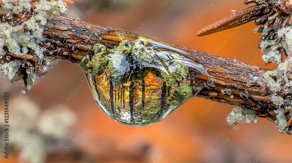 Macro shot of a water droplet on a branch reflecting autumnal colors and lichen. Macro shot of a water droplet on a branch reflecting autumnal colors and lichen.