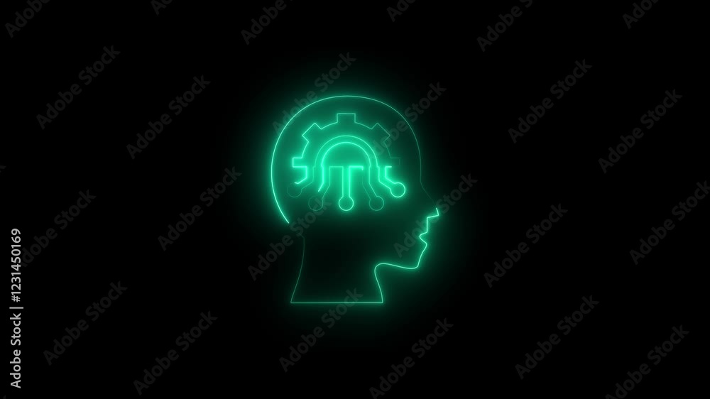 Glowing neon line Human head with gear inside icon isolated on black background. Glowing neon line Human head with gear inside icon isolated on black background.