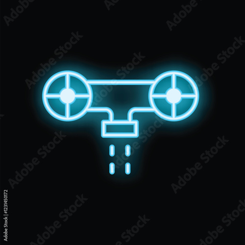 Neon sign of agricultural drone spraying insecticide on black background