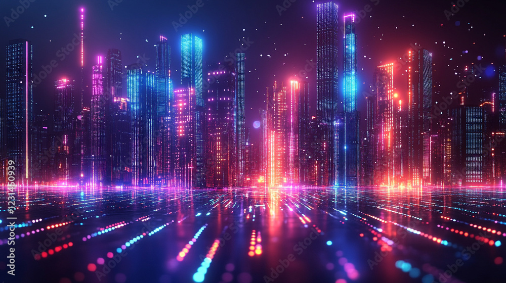 Futuristic smart city skyline with abstract digital dotted waves symbolizing wireless connectivity and data flow over a river minimalistic bright light tone modern blurred empty blank caption space on Futuristic smart city skyline with abstract digital dotted waves symbolizing wireless connectivity and data flow over a river minimalistic bright light tone modern blurred empty blank caption space on