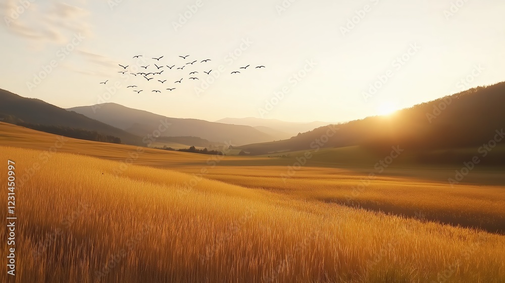 Fototapeta premium Golden Wheat Field Sunset Landscape With Birds Flying Over Distant Mountains