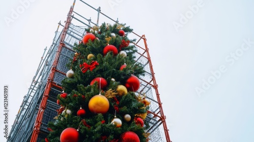 Christmas Tree Surrounded by Scaffolding in Urban Environment