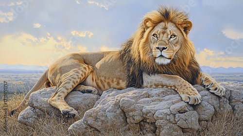 Majestic male lion rests on rock, overlooking savanna at sunset. photo