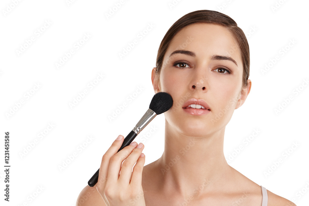 Woman, blush and apply makeup in studio, skincare and portrait for facial transformation. Female person, cosmetic brush and foundation for dermatology treatment, mockup space and white background Woman, blush and apply makeup in studio, skincare and portrait for facial transformation. Female person, cosmetic brush and foundation for dermatology treatment, mockup space and white background