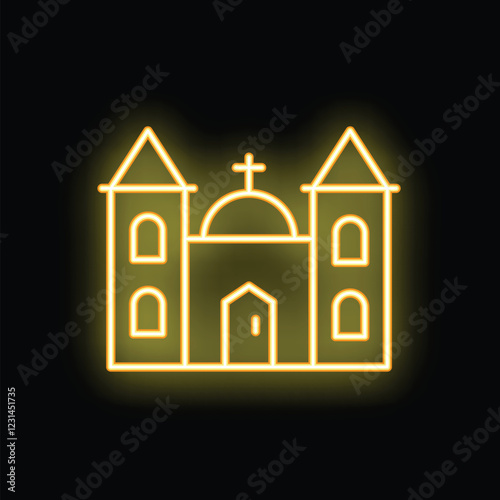 Bright neon sign of a church with a cross on top is glowing on a dark background