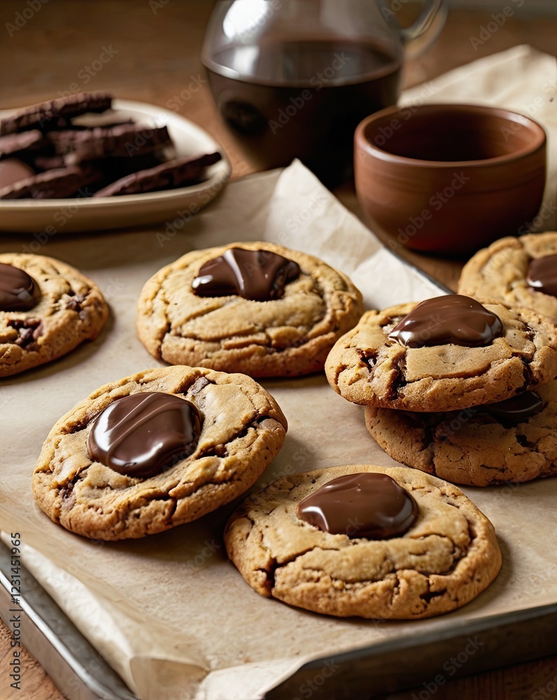 A tray of cookies with chocolate chips on top A tray of cookies with chocolate chips on top