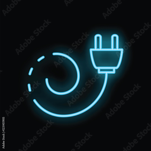 Neon blue electric plug with coiled wire glowing on black background, representing concepts like electricity, power, and energy