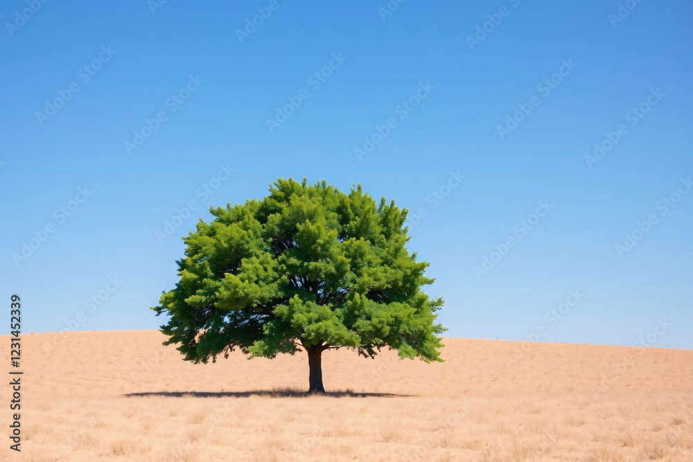 Fototapeta premium A solitary green tree stands on an expansive desert with vibrant blue skies above, conveying themes of resilience, nature, and contrast