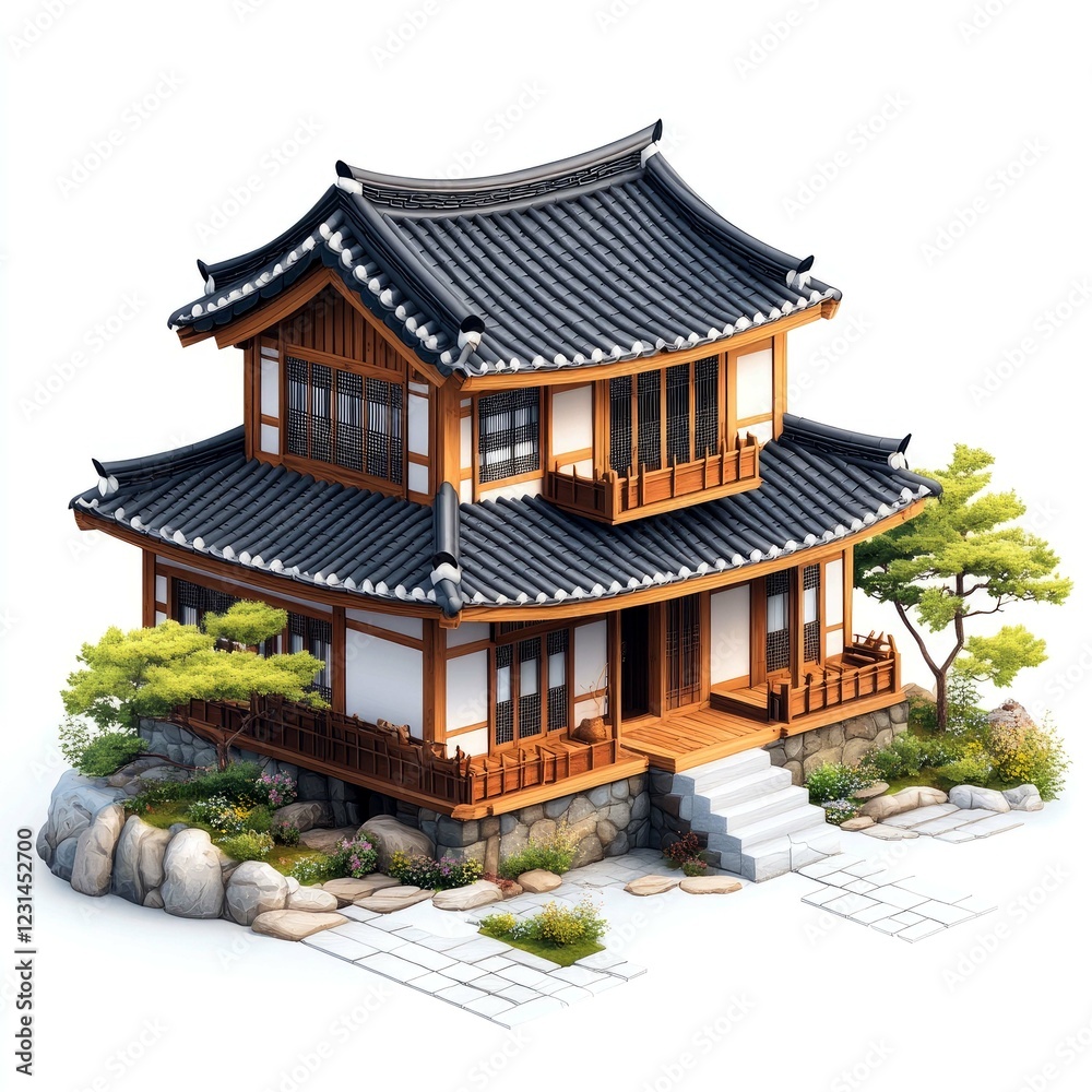 Fototapeta premium Picturesque Hanok House: A Traditional Korean Home with Serene Garden
