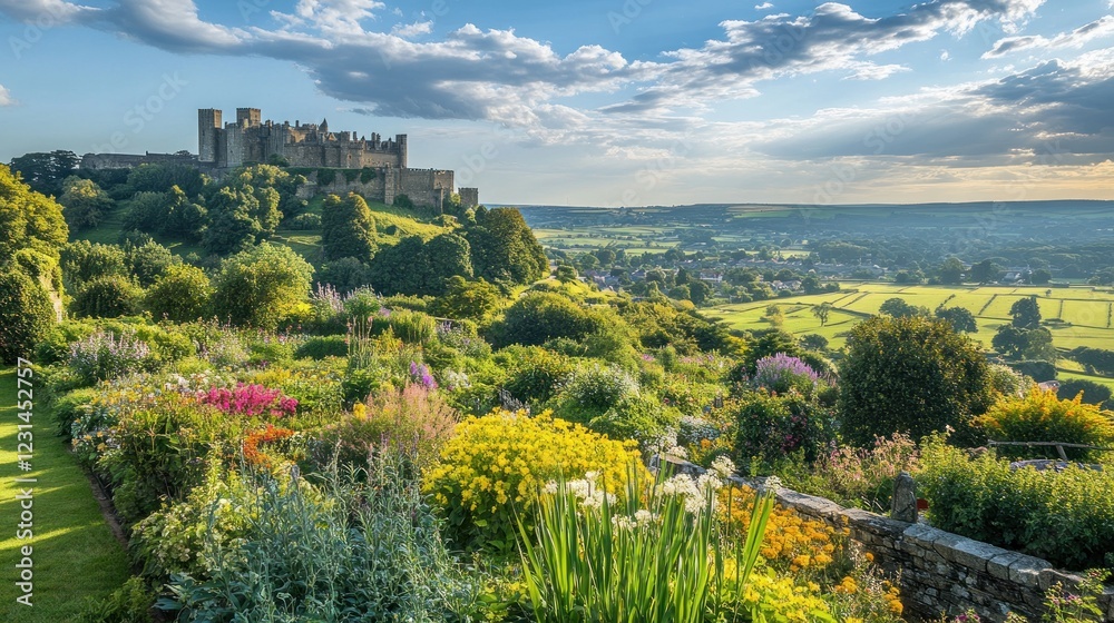Obraz premium A scenic view of a castle overlooking lush gardens and rolling countryside.
