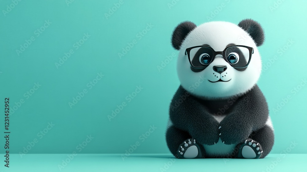 A cartoon panda with glasses, sitting on a monochrome background, leaving copy space on the side A cartoon panda with glasses, sitting on a monochrome background, leaving copy space on the side