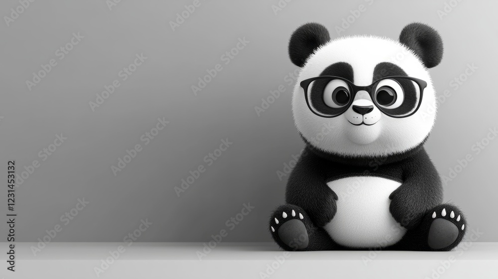 A cartoon panda with glasses, sitting on a monochrome background, leaving copy space on the side A cartoon panda with glasses, sitting on a monochrome background, leaving copy space on the side