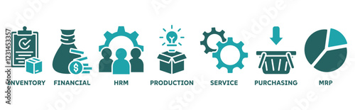 ERP icon set illustration concept for enterprise resource planning with icon of inventory, financials, hrm, production, service, purchasing, and mrp 