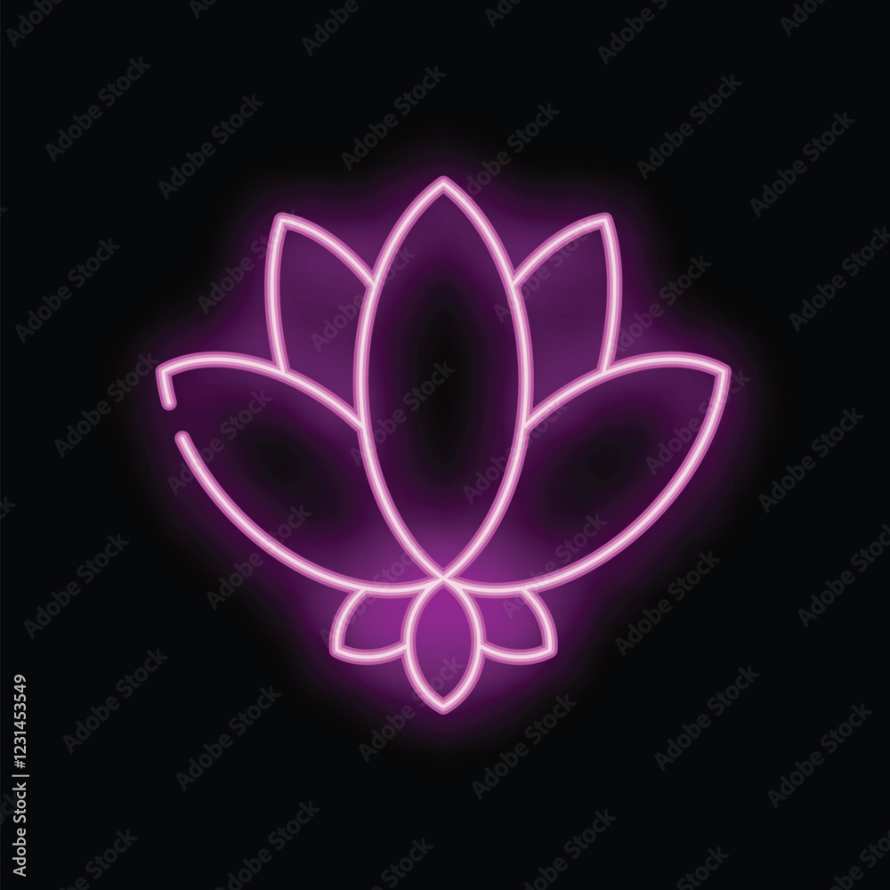 Glowing purple neon sign in the shape of a lotus flower is depicted on a black background Glowing purple neon sign in the shape of a lotus flower is depicted on a black background