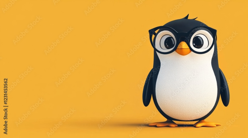 Obraz premium A cartoon penguin with glasses, standing against a minimalistic solid-color backdrop, with space for copy