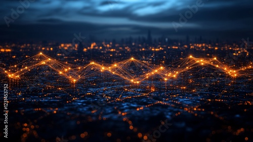Nocturnal cityscape panorama with dramatic clouds and glowing city lights