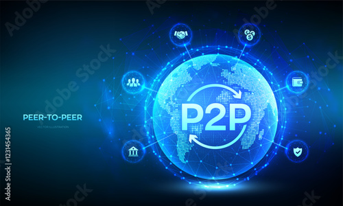 Peer to peer. P2P payment and online model for support or transfer money. Peer-To-Peer technology concept. World map point line composition. Earth planet globe. Vector illustration.