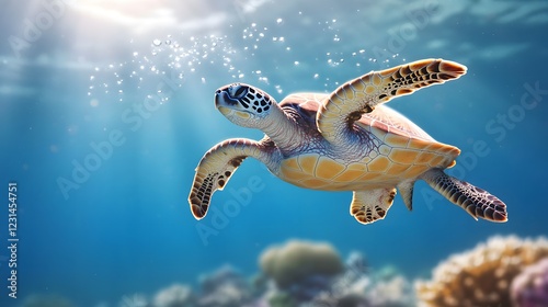 A close-up of a sea turtle gracefully swimming above a coral garden, Generative AI photo