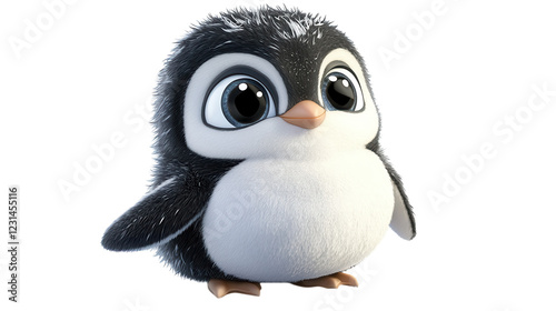Cute animated penguin character with large eyes and fluffy feathers in a playful pose