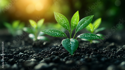 Young plants on a digital network symbolize the fusion of nature and technology in sustainable innovation minimalistic bright light tone modern blurred empty blank caption space on the side

 photo