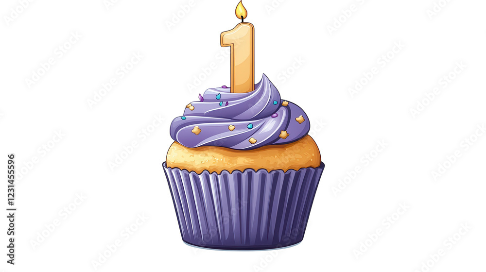 Colorful cupcake with a purple swirl and a number one candle celebrating a first birthday occasion