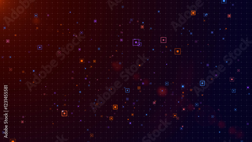 Abstract digital background featuring a futuristic grid with glowing blue, orange, and purple squares floating dynamically in a dark space
