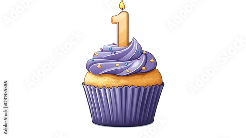 Obraz na płótnie Colorful cupcake with a purple swirl and a number one candle celebrating a first birthday occasion w salonie