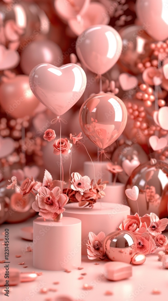 Valentine's day with Heart-Shaped Balloons and Floral Arrangements for Celebrating Love and Affection in Soft Pink and Gold Shades Valentine's day with Heart-Shaped Balloons and Floral Arrangements for Celebrating Love and Affection in Soft Pink and Gold Shades